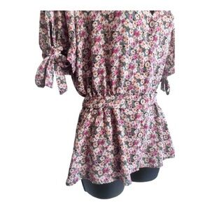 Sweet Rain Floral Tie-Sleeve Peplum Top Size XL Pink